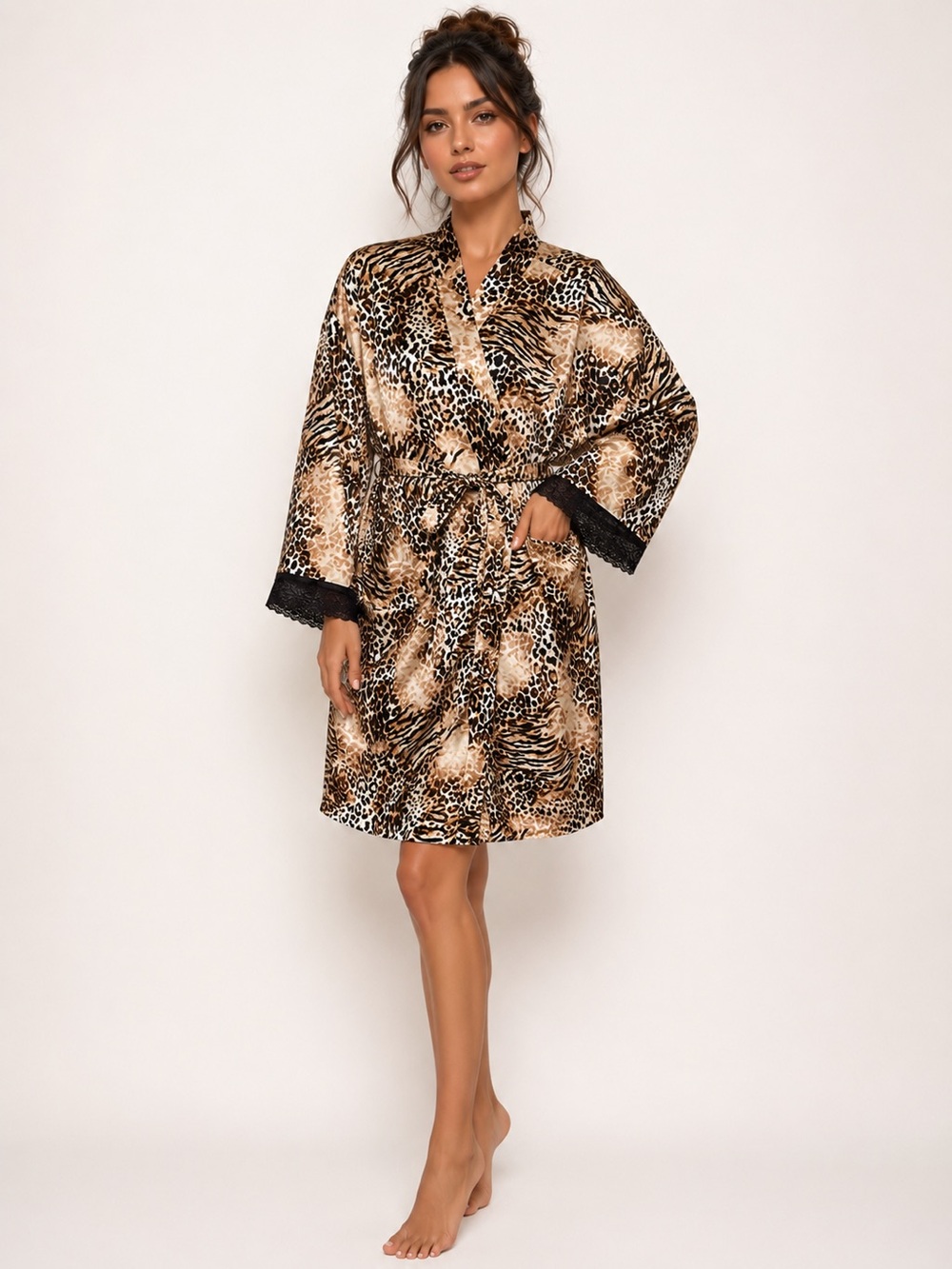 INC International Concepts Leopard Satin Robe with Black Lace Trim